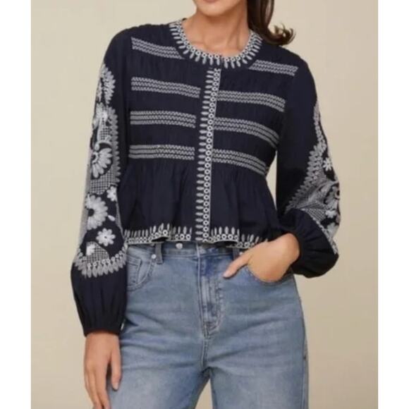 7 For All Mankind Tops - 7 for all Mankind Embroidered Navy Blue balloon sleeve top smocked shacket